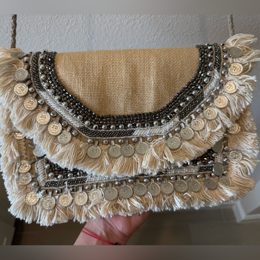 Beaded Fringe Coin detail Shoulder purse clutch